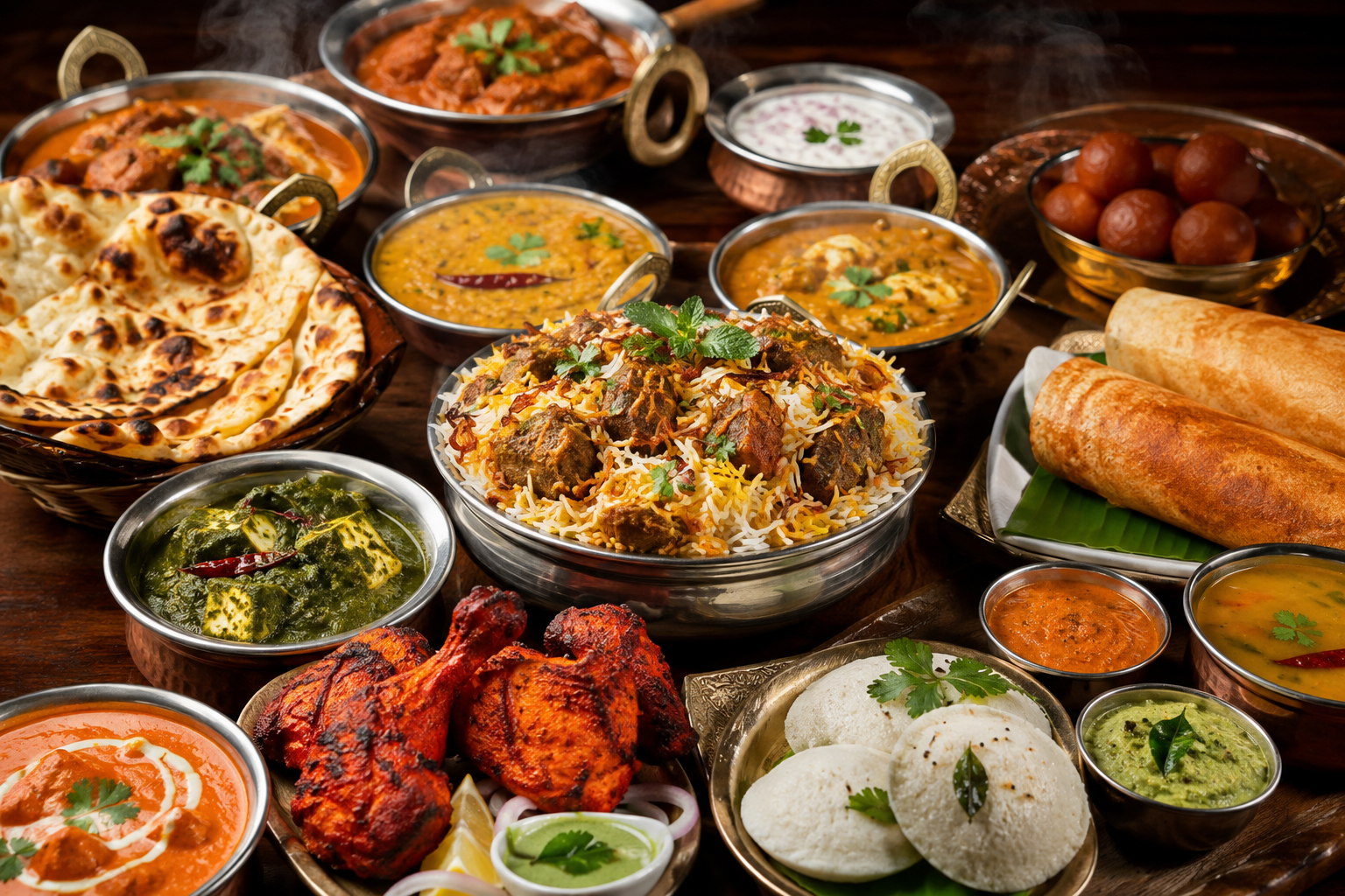 Dastarkhawn home-cooked Indian catering spread with biryani, curries and breads