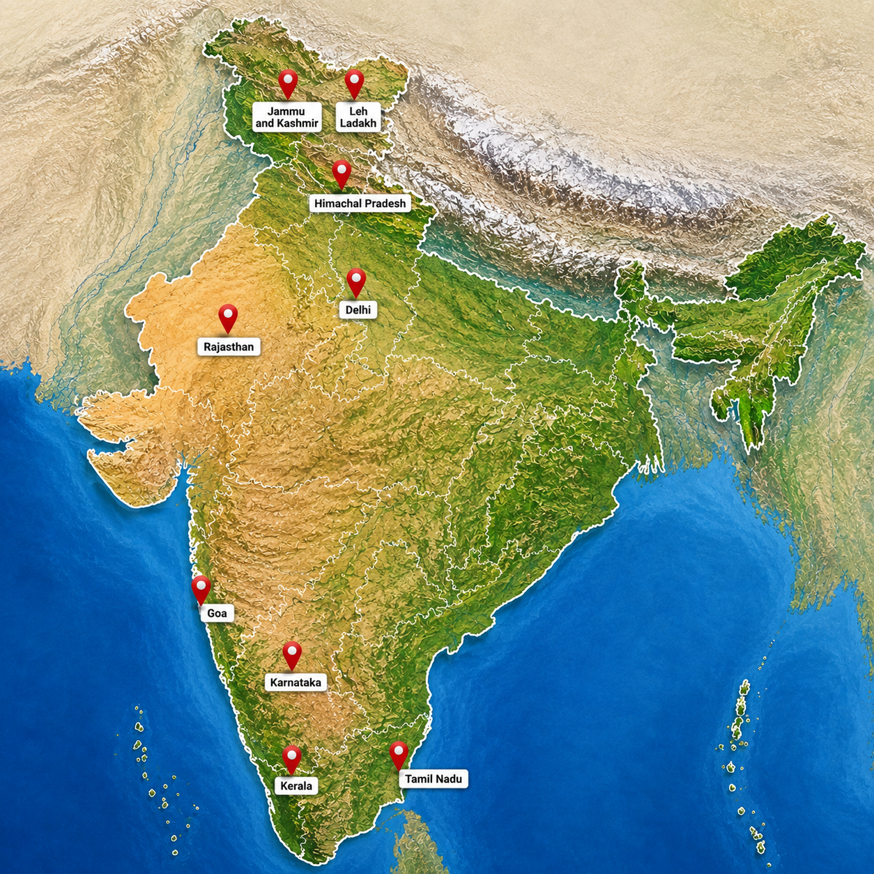 Map of India highlighting Jammu and Kashmir, Leh Ladakh, Himachal Pradesh, Delhi, Rajasthan, Goa, Karnataka, Kerala and Tamil Nadu